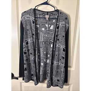 Chicos Size 2/Large Open Front Cardigan Sweater Geometric Black And White